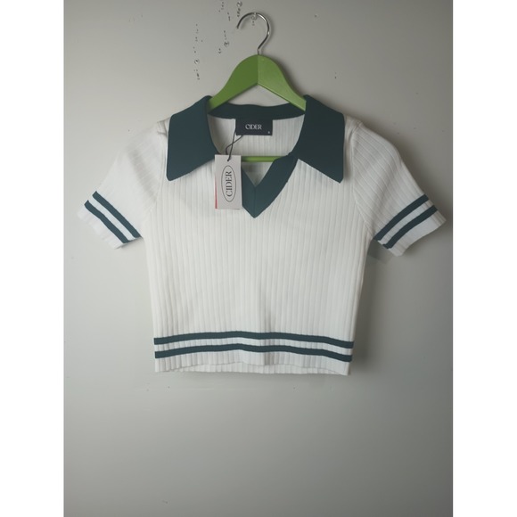 Cider Tops - Cider Womens White Green Ribbed Knit Crop Polo Top Varsity Stripe Small NWT